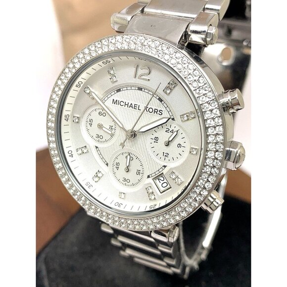 Michael Kors Women's Watch MK5353 Parker Silver Steel Chronograph Gemmed USED - Picture 1 of 14